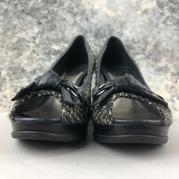 Sperry Women's Size 9.5M Top Sider Black Cream Tweed Peep Toe High Heel Wedges - Picture 2 of 13